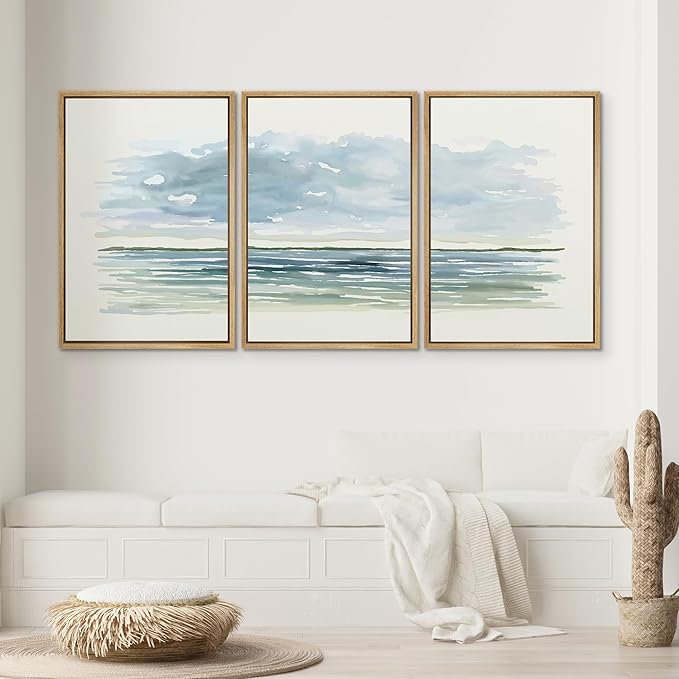 SIGNWIN Framed Canvas Print Wall Art Set Blue Watercolor Ocean Scene Coastal Beach Horizon Illustrations Modern Art Decorative Abstract for Living Room, Bedroom, Office - 16"x24"x3 Natural