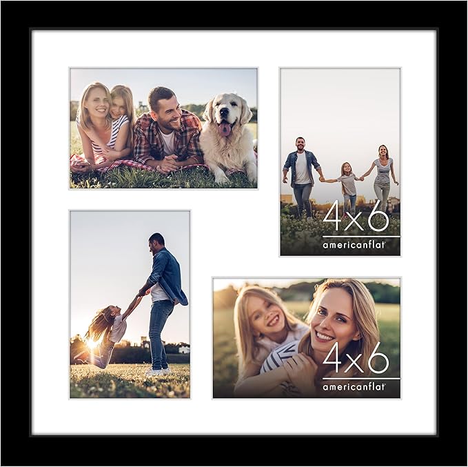 Americanflat 4x6 Collage Picture Frame with Shatter-Resistant Glass - Fits Four 4x6 Photos or Use as One 12x12 Picture Frame - Signature Collection - Collage Frames for Wall Display - Black