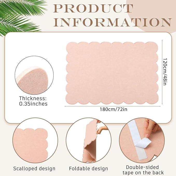 Scalloped Felt Bulletin Board 72 x 48 Inches Foldable Flesh Pink Pin Cork Board Alternative for Wall, 6' x 4' Trifold Picture Vision Self Adhesive Bulletin Decorative