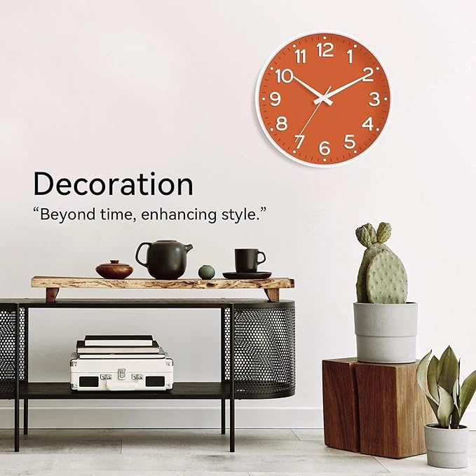 Wall Clock 10 Inch Silent Wall Clocks Battery Operated-Modern Non Ticking Analog Clock Decorative for Kitchen Bedroom Office Bathroom(Orange)