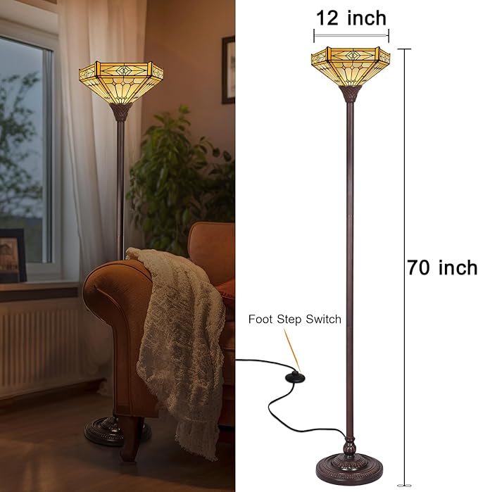 Capulina Tiffany Lamp Stained Glass Torchiere Floor Lamp 70 Inches Tall Industrial Bronze Pole Cream Hexagon Tiffany Style Standing Floor Lamp for Home Office Living Room Bedroom