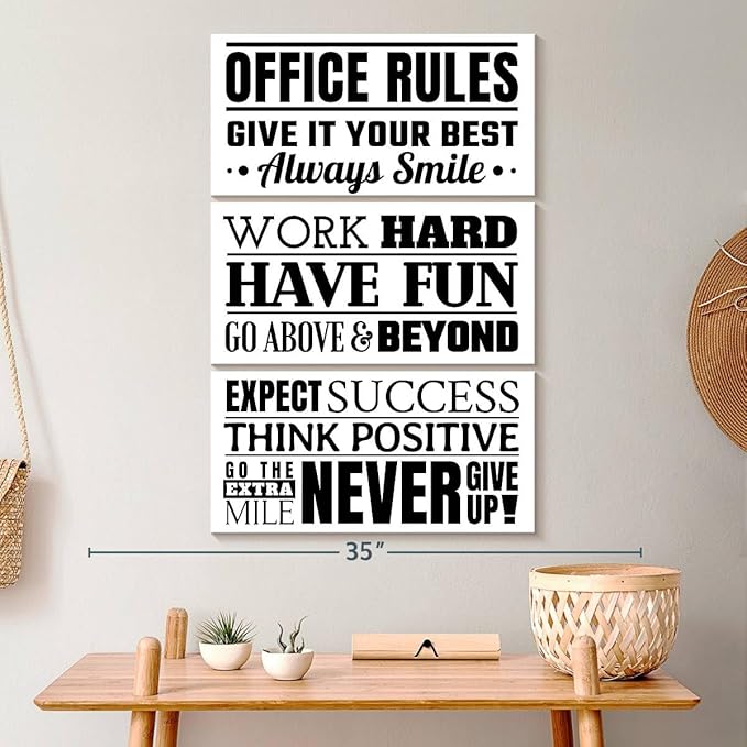 Elephant Stock - Fun Office Rules Wall Art - Vertical Multi Panel Canvas - 3 Piece Living Room Wall Decor - Digital Art Inspirational And Typography Multi Piece Wall Art - White And Black Decor - 20" x 32"