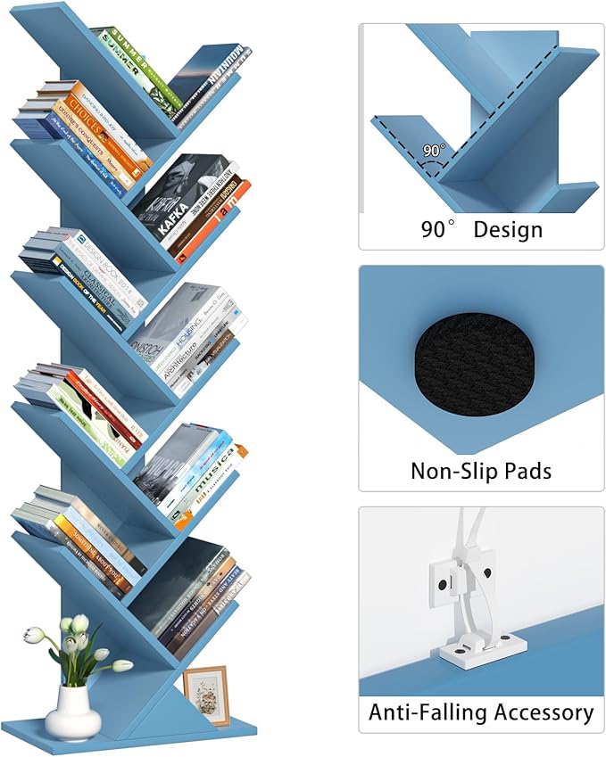 10 Tier Tree Book Shelf, Floor Standing Wood Bookshelf for Narrow Space, Storage Organizer Bookshelves for Books/CDs/Magazine, Bookcase with Shelves for Home Office, Living Room - Pure Blue