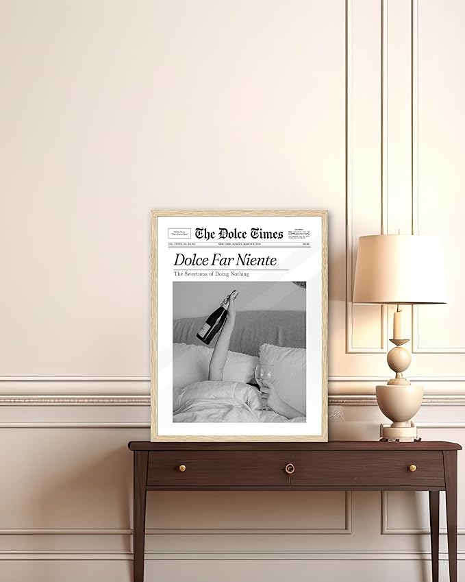 iHery Dolce Far Niente Framed Trendy NewsPaper Wall Art, Natural OAK Wood 12x16in Canvas Wall Art Bedroom,The Sweetness of Doing Nothing Print,La Dolce Vita Home Decor For Living Room Dorm 1Pack