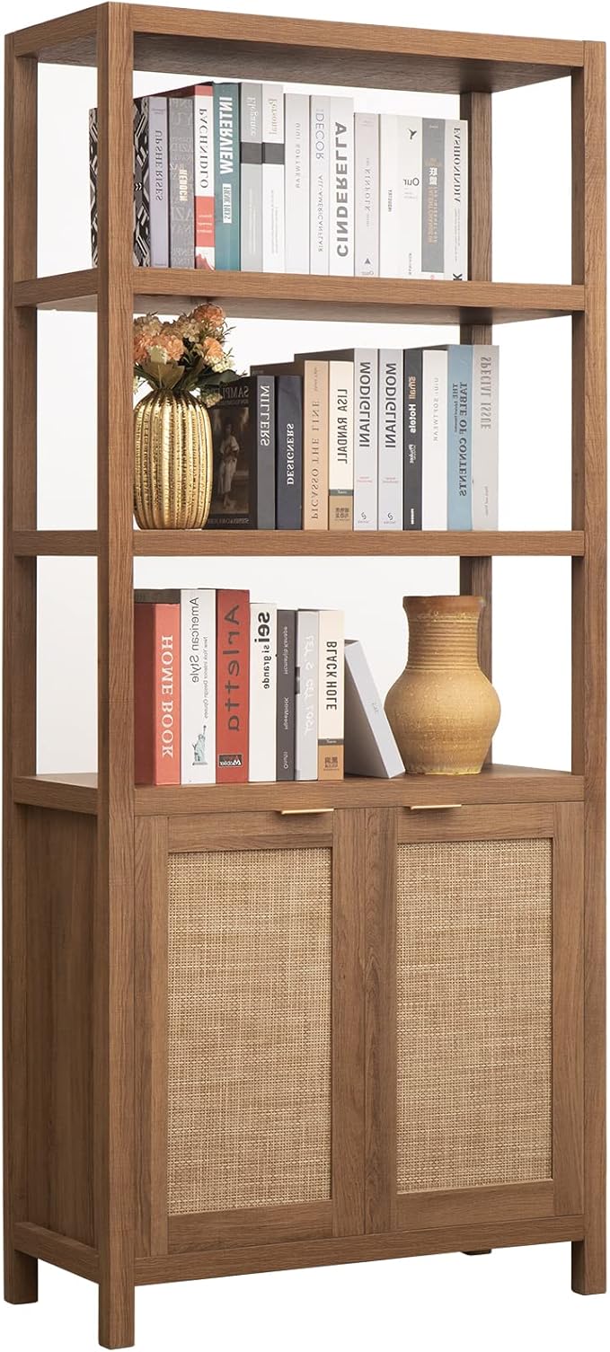 SICOTAS Bookshelf 5 Tier Book Shelf Rattan Boho 71" Tall Bookcase with Doors Storage Shelves Large Bookshelves Farmhouse Bookcases Library Book Case for Living Room Bedroom Home Office Kitchen | Book Shelf, Bookcase, Storage Shelves, Large Bookshelves,...