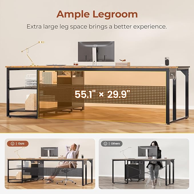 71" Executive Desk, Reversible L Shaped Desk with Mobile File Cabinet & Power Outlets, Large Office Desk with Drawers, Storage Shelves, Hooks, Corner Computer Desk for Home Office
