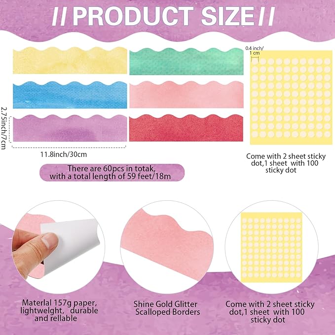 Containlol 188 Pcs Bulletin Board Borders Letters Stars Cutouts Set Include 59ft Poster Board Trims, Alphabet Letter Star Number Punctuation for Classroom(Watercolor)