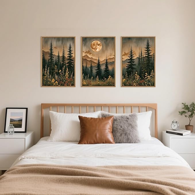 HOURIA Vintage Boho Nature Moonlight Forest Mountain Framed Canvas Wall Art Set,Wilderness Dark Moon Woodland Floral Decor,Retro Wildflower Field Landscape Artwork for Living Room,Farmhouse-16 x24 x3
