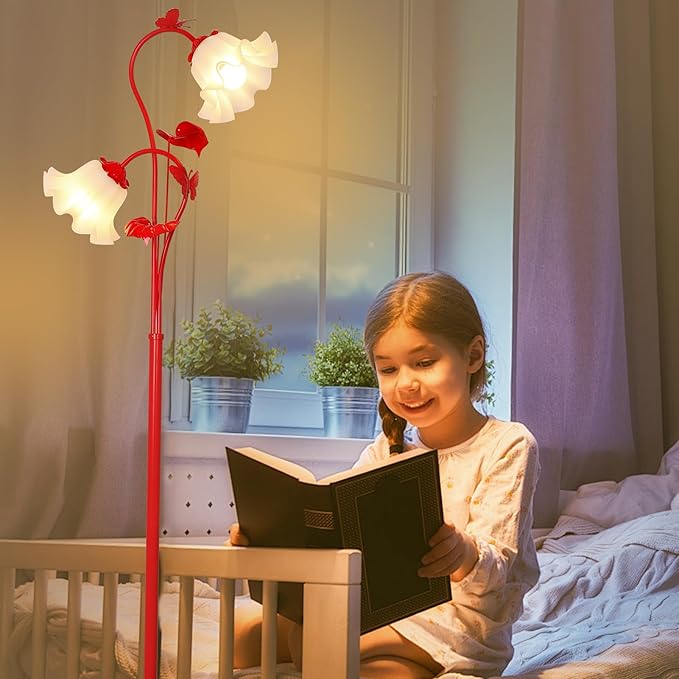 HMVPL Red Floor Lamp for Living Room, Flower Standing Lamp with 2 LED 5W Blubs, Foot Switch, Floral Tall Lamp with Acrylic Shade, Antique Lotus Flower Floor Lamp for Living Room Office Reading
