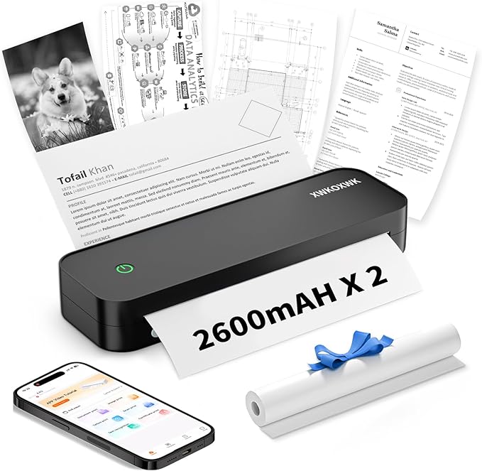 Portable Printers Wireless for Travel,Inkless Thermal Bluetooth Mini Printer Compatible with Android,iOS&Laptop,Support 8.5" X 11" US Letter&A4,Portable Small Mobile Travel Printer for Home,Office