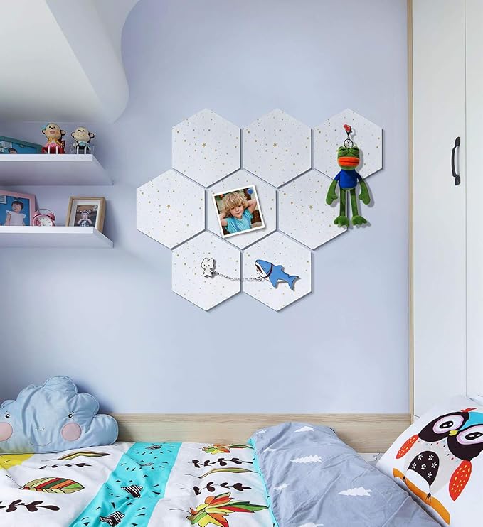 Felt Hexagon Bulletin Board with 20 Push Pins, Pack of 8 Notice Boards for Home Office Kitchen, Push Pin Board Felt Wall Tiles for Photos Memos