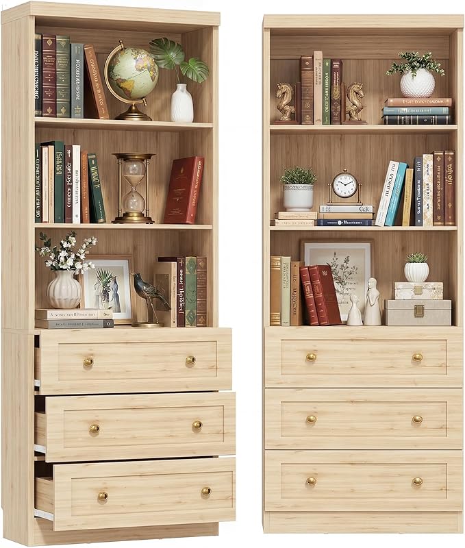 Cyclysio 80" Bookshelf with 3 Drawers, Tall Bookcase with Thickened Top Panel and 3-Tier Open Shelves, Tall Storage Cabinet for Home Office, Living Room, Natural