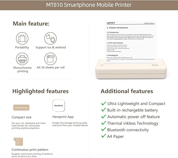 HPRT Wireless Portable Printer - Bluetooth Thermal Printer for Travel, Mobile Office, School, Home Compatible with iOS Android (Renewed) (Beige)