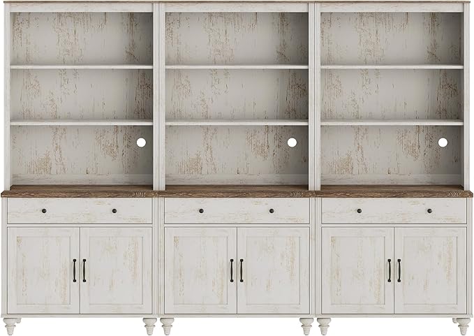 WAMPAT Set of 3 Rustic White Bookcase with Doors & Drawers, 5 Tier Bookshelf, 72'' Tall Book Case Shelf, Large Wood Bookcases Farmhouse Bookshelves for Living Room Bedroom Home Office Kitchen