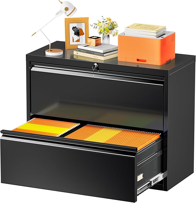 INTERGREAT File Cabinet 2 Drawers,Metal Lateral Filing Cabinet with Lock for Home Office, Locking Horizontal File Cabinet for Hanging Files Letter/Legal/F4/A4, Easy Assemble, Black,