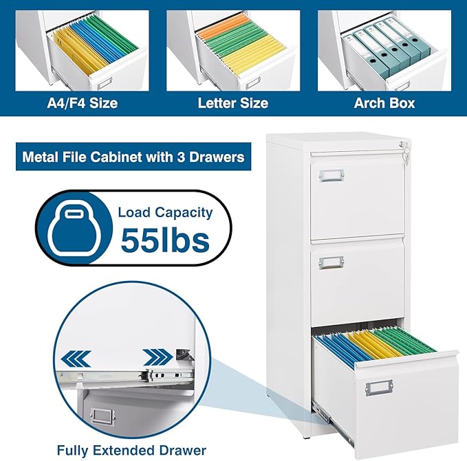 3-Drawer File Cabinet with Lock, 16.3" Deep Vertical Filing Cabinets, Metal File Cabinets for Home Office, Anti-Tip 3 Storage Drawers for Letter/Legal/A4/F4 Size (Assemble Required, White)