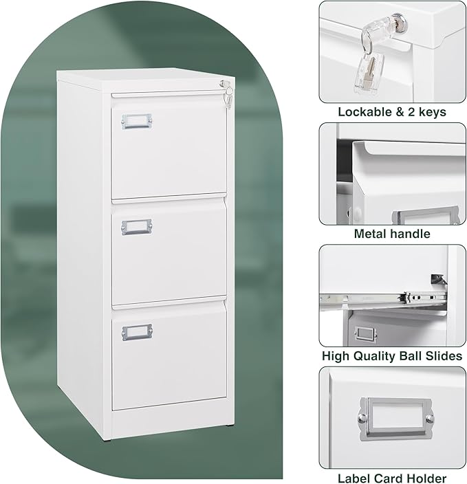 STANI Metal Vertical File Cabinet with Lock，Narrow Filing Cabinets Hanging Files Letter/Legal/A4 Size, Metal Storage Cabinet for Home Office, Assembly Required (White, 3-Drawer)