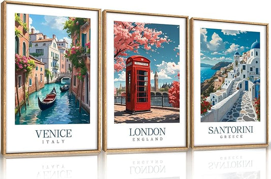 HLNIUC Italy Coast Wall Art Framed, Blue Europe Cityscape Italian Wall Decor set of 3 (24"x36"), Venice London Santorini Travel Landmark Beach Canvas Painting for Living Room, Bedroom, Office