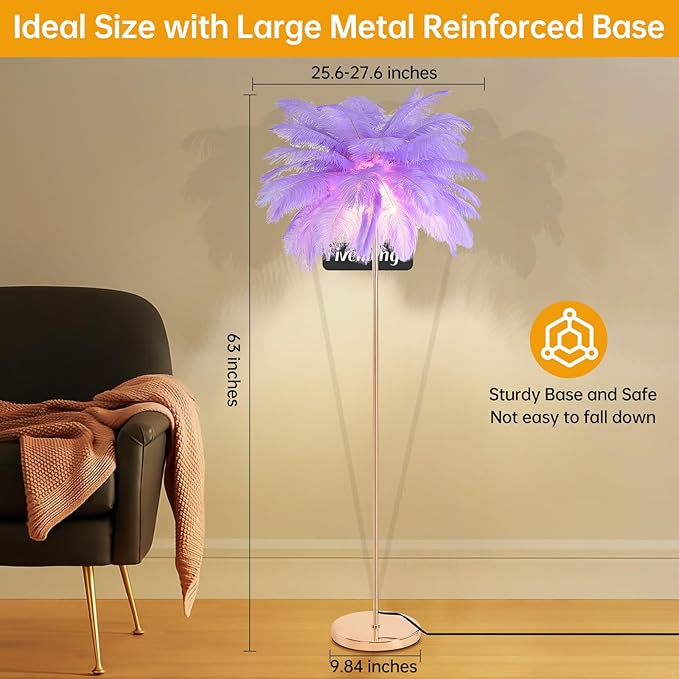 Feather Floor Lamp for Living Room, Fluffy Ostrich Feathers Lamp, Rose Gold Color Body, 3 Color Temperatures Modern Funky Tall Standing Lamp for Bedroom Inclued LED Bulbs (Light Purple)