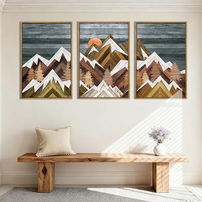 BINCUE Large Rustic Mountain Canvas Wall Picture,Boho Mountain Framed Wall Art,Vintage Landscape Artwork Nature Woodcut,Beige Sunrise Forest Art Prints for Office Living Room Bedroom 16''x24'' Set of 3