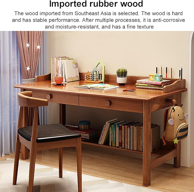 Solid Wood Writing Desk with Drawer,Mid Century Home Office Desk with Hooks,Work Study Pc Table Workstation Computer Desk with Storage Shelves for Small Spaces (80x60x75cm(31x24x30inch), White)