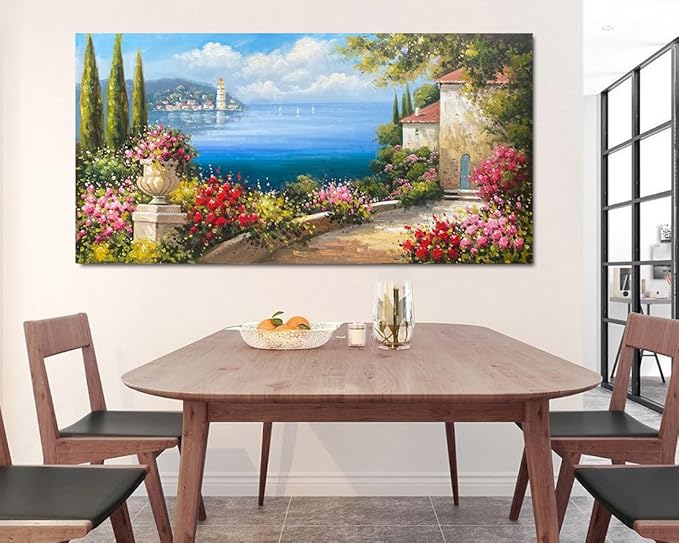 Arjun Landscape Wall Art Mediterranean Seascape Painting Tree Pink Flower Blue Ocean Picture Modern Scenery Green Artwork Large Framed for Living Room Bedroom Bathroom Home Office Wall Decor, 48"x24"