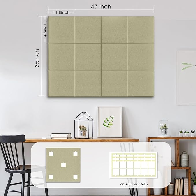 Large Cork Board for Office Wall Decor,48"x36"-12 Pack Felt Wall Tiles with Safe Removable Adhesive Tabs, 1/2" Thick, Felt Bulletin Board Pin Board Cork Boards for Walls - Sage Green