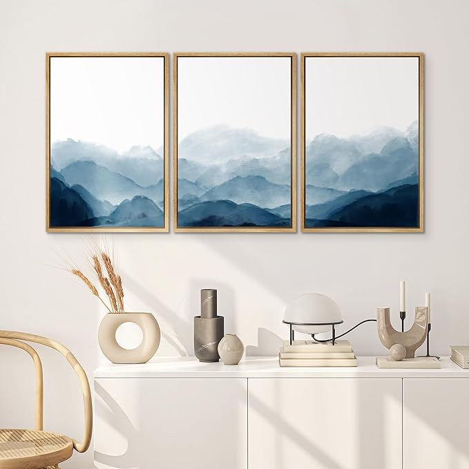 SIGNWIN Framed Canvas Print Wall Art Blue Watercolor Mountains in Fog Nature Wilderness Illustrations Modern Art Rustic Scenic Relax/Calm Cool for Living Room, Bedroom, Office - 16"x24"x3 Natural