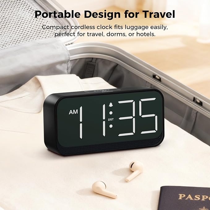 Battery Operated Digital Clock: Cordless Small Alarm Clock for Bedroom Travel - Large Numbers 4 Dimmers for All Ages White Digits