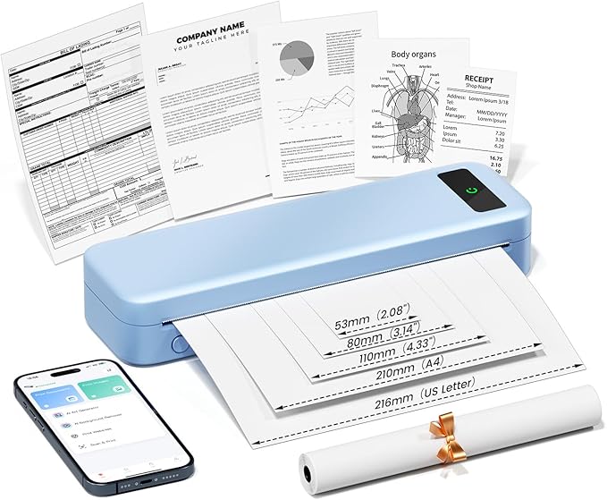 Portable Printers Wireless for Travel, A285M Bluetooth Inkless Thermal Printer Support 8.5" X 11" & A4 Thermal Paper, Mobile Compact Printer Compatible with iPhone Laptop for Home Office Receipt, Blue