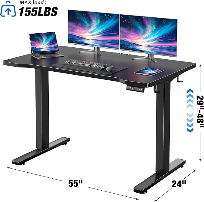 EnHomee 55" Electric Standing Desk with LED Lights, Height Computer Desk with 3 Memory Preset, Adjustable Office Desk with Storage Side Pocket and Cable Management,Wood Desktop, Writing Table, Black