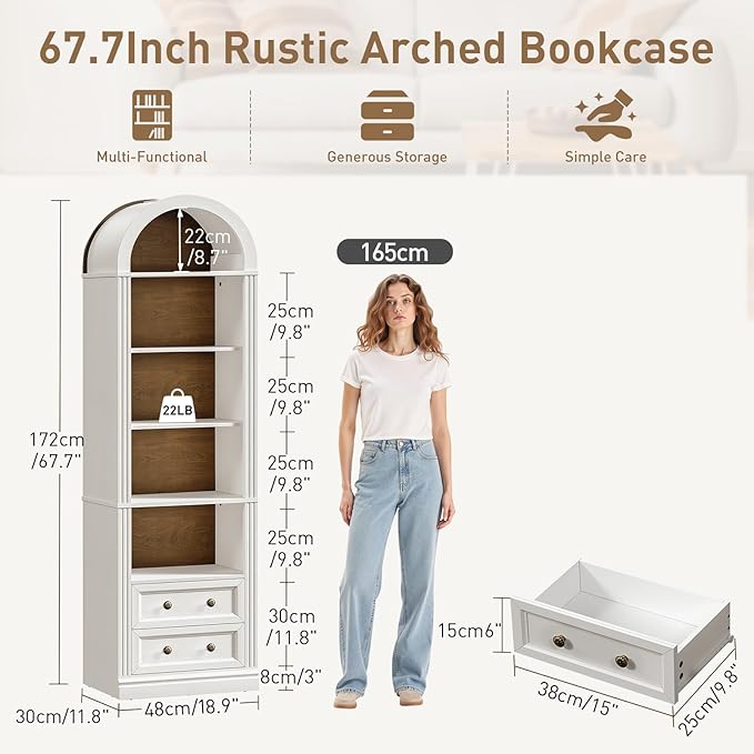Tall Narrow Bookshelf, Arched Bookshelf with 2 Drawers, 7-Tier Farmhouse Arch Bookcase, Wooden Book Shelf with Open Display Shelves for Office, Living Room, Kitchen, White and Walnut