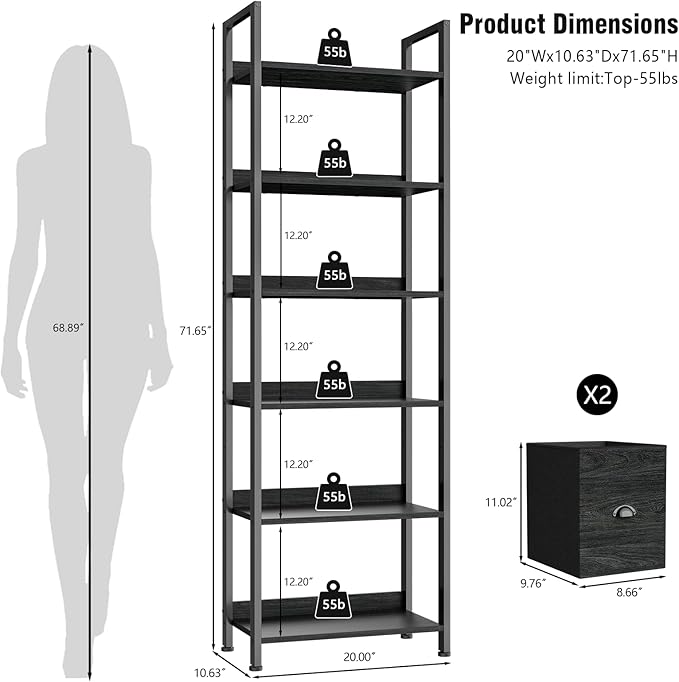 Furologee 6-Tier Bookshelf, Tall Bookcase with 2 Drawers Storage Organizer, Industrial Display Free Standing Shelf Units, Wood and Metal Storage Rack for Home Office, Bedroom, Black Oak