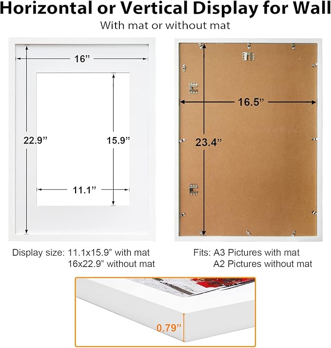Egofine A2 Picture Frames Set of 2 Matted for A3 - Solid Wood Acrylic Plexiglass Front for Wall Mounting Hanging Vertically or Horizontally, White - 16.5 x 23.4 in
