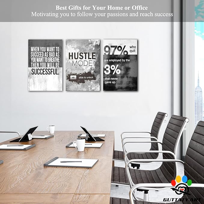 Office Wall Art - 3 Panel Motivational Canvas With Inspirational Quotes for Home and Company Decor, Positive Entrepreneur Words Poster Frame 16"x24"x3Pcs