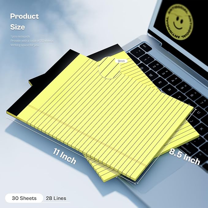4 Pack Yellow Notepads 8.5x11 Yellow Legal Pads 30 Sheets Perforated Yellow Pads Paper Wide Ruled Writing Pad 70gsm Premium Thick Paper Double-Sided Printing Note Pads for Students, Office, Business