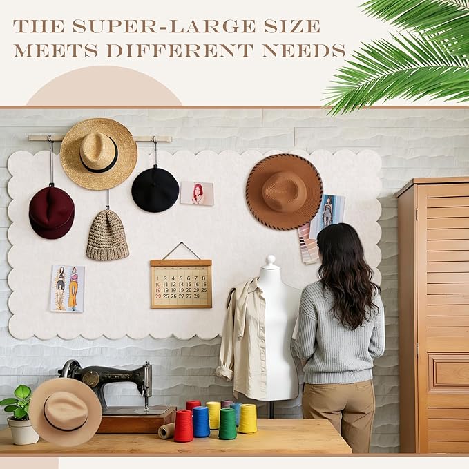 Scalloped Felt Bulletin Board 96 x 48 Inches Foldable Beige Pin Cork Board Alternative for Wall, 8' x 4' Trifold Picture Vision Self Adhesive Bulletin Decorative