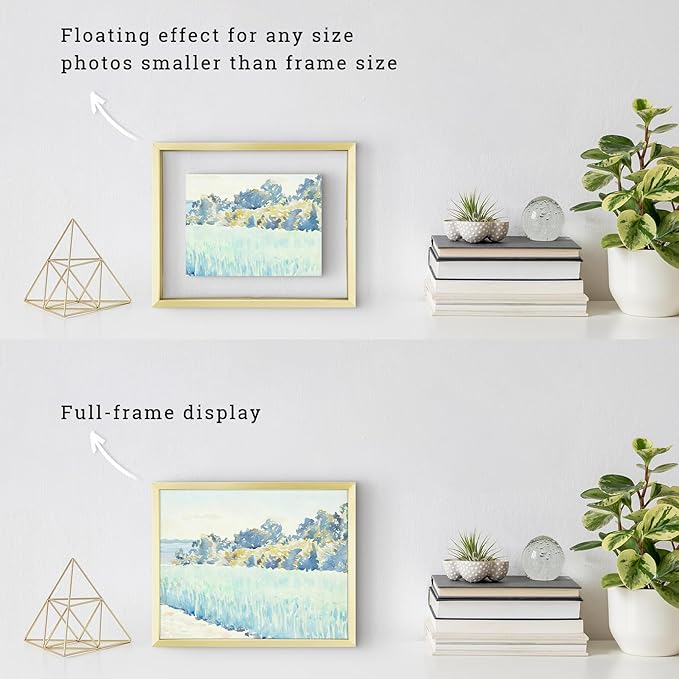 Frametory, Floating Picture Frames Set - Gold Metal Photo Frames - Real Glass - Displays One 11x14, Two 8x10, And Four 5x7 Inch Photos for Home Decoration