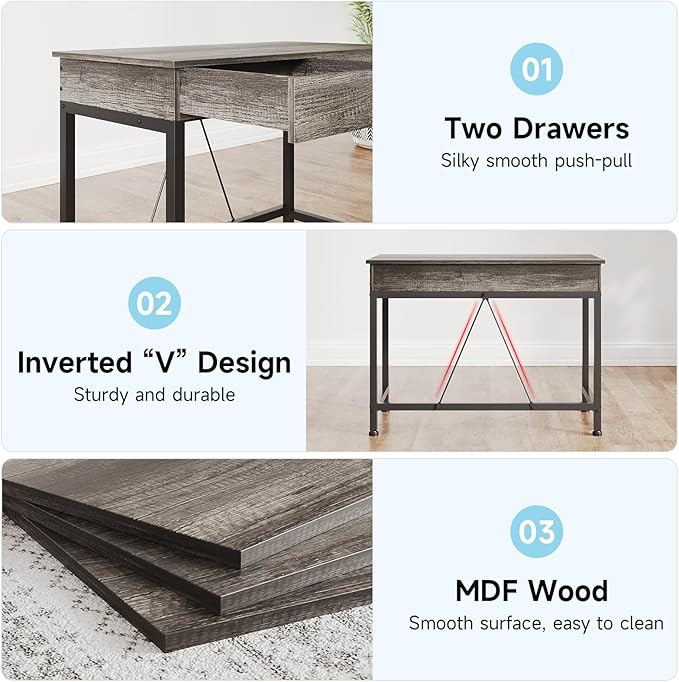 Mexin Small Desk with 2 Wooden Drawers, 40 Inch Home Office Writing Desk, Vanity Desk with Storage, Computer Desk for Bedroom Small Spaces, Table for Office, Work, Kids Study, Makeup, Gray Oak