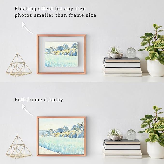 Frametory, Floating Picture Frames Set - Rose Gold Metal Photo Frames - Real Glass - Display One 11x14, Two 8x10, and Four 5x7 Inch Photos for Home Decoration