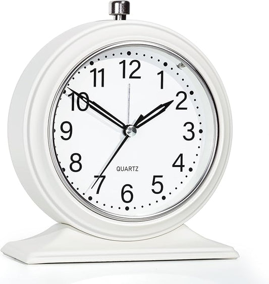 AYRELY® 4-inch Battery Operated Alarm Clock Silent Analog Desk Clocks with Light Vintage Metal Table Clock for Living Room Shelf Bedside Home Decor (White)