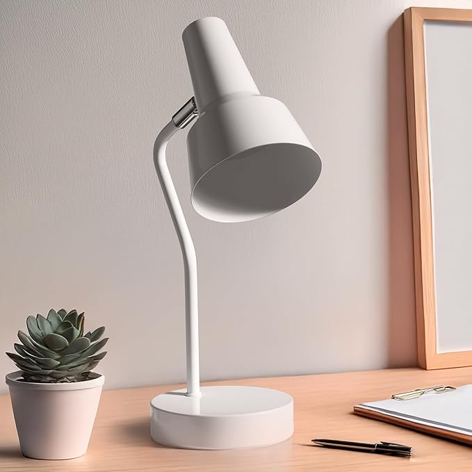 Simple Designs LD1078-WHT 15.2" Sleek Essentials Metal Cone Shade Desk Lamp with Adjustable Shade, for Office, Desk, Nightstand, Dorm, White