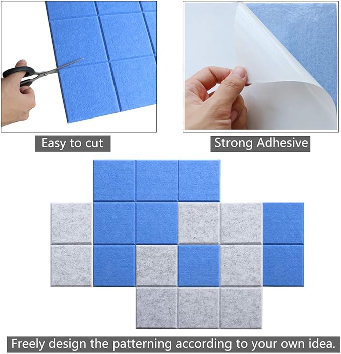 Large Felt Board Tiles for Wall with 30 Push Pins, 11.8"x11.8" Pack of 6 Pin Board Notice Boards for Home Office Kitchen, Bulletin Board Wall Tiles for Photos Memos (Blue+Grey, 6 Pack)