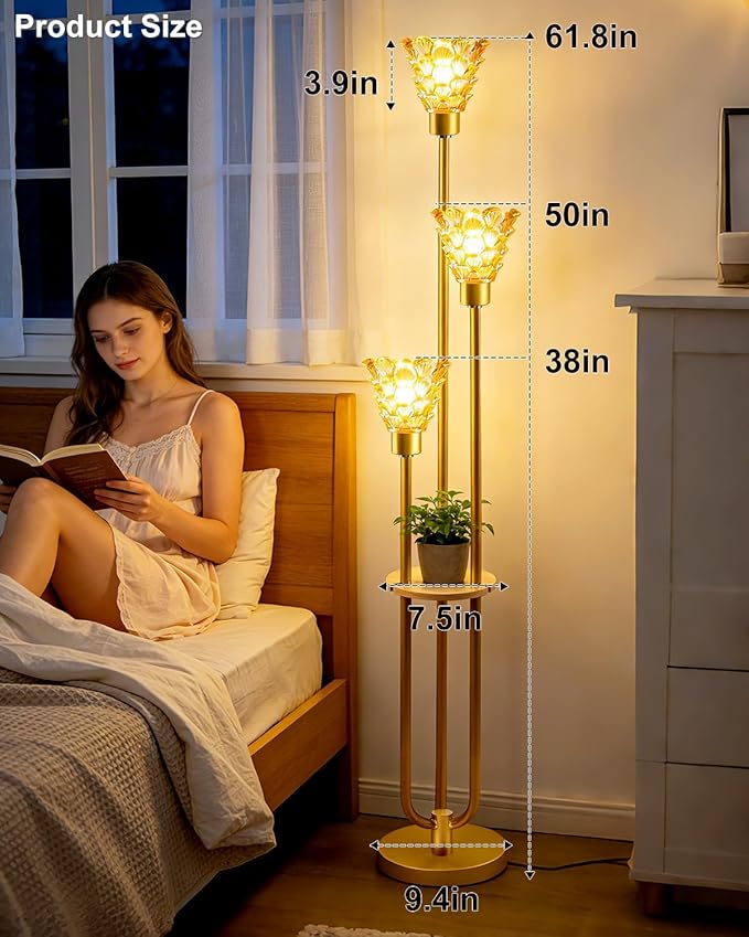 3-Light Modern Glass Floor Lamp with Shelf, Gold Tall Standing Lamp with Amber Flower Glass Shade, LED Floor Lamp with Foot Switch for Living Room Bedroom Home Decor, Bulb Included