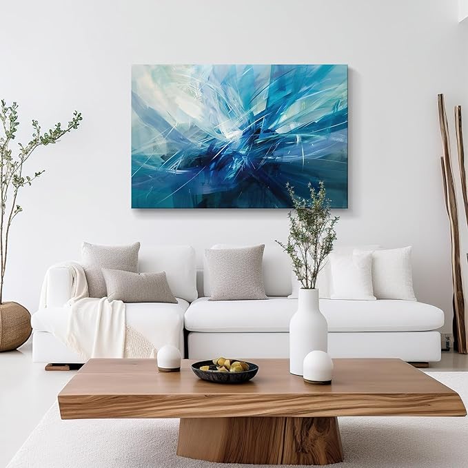 gaosoul Modern Abstract Canvas Wall Art Blue Harness Graffiti Painting on White Background Stylish Framed Minimalism Artwork Prints for Living Room Bedroom Office Decor 48x32in