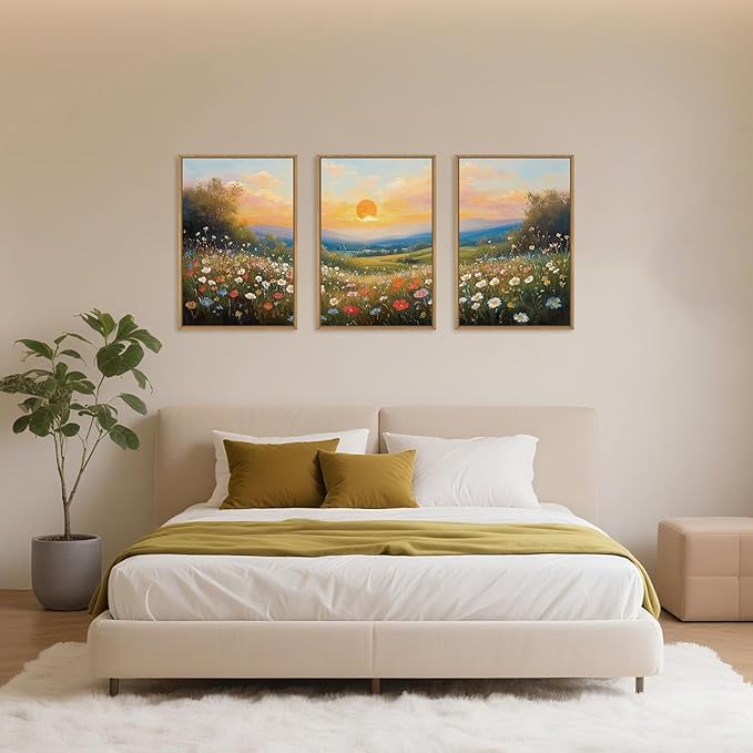 HOURIA Watercolor Spring Floral Meadow Landscape Framed Canvas Wall Art Set,Boho Vibrant Colorful Wildflower Decor,Modern Sunset Nature Inspired Scenery Artwork for Living Room,Bedroom,Farmhouse-24"x36"x3