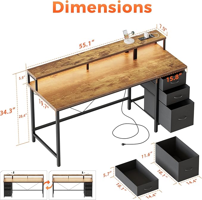 Mericonia Computer Desk 55 inch with Power Outlets & LED Lights, Gaming Desk with 3 Drawers for Home Office, Small Desk with Monitor Stand for Small Spaces, Study Writing Desk