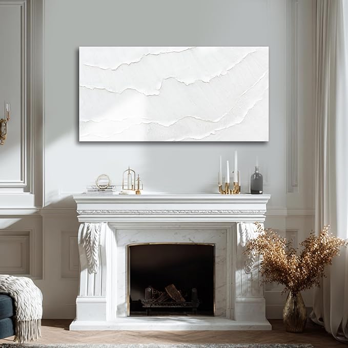 WINKAILIN White Abstract Textured Wall Art Modern 24x48 inch Canvas Ocean Wave Artwork Minimalist Hand-drawn Painting Contemporary White Posters Print for Living Room Bedroom Office Décor