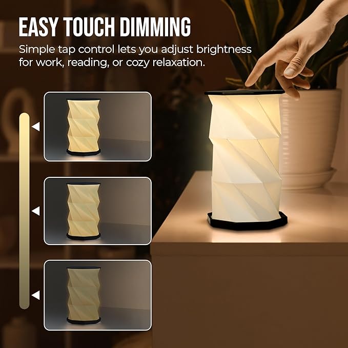 Origami Expanding Foldable LED Desk Lamp – USB Rechargeable & Portable - Dimmable Touch Control Light with Adjustable Height up to 8.25" for Office, Travel, Bedside - Sleek & Modern Design (Black)