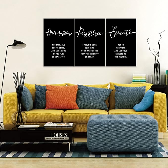 3 Piece Inspirational Wall Art, Black Background Sayings Print Pictures, Quote Motivational Canvas Art for Women Men fo Gift, Triptych Entrepreneur Poster Framed Artwork for Office Decor (48"Wx24" H)